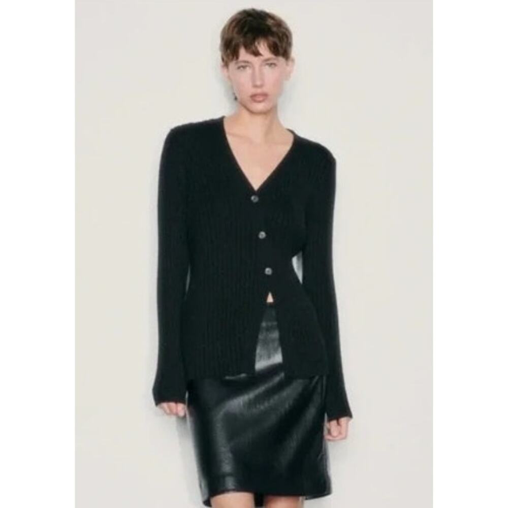 New NWT Zara Black‎ Ribbed Cardigan 3 Button Open Front Wool Blend Size XL